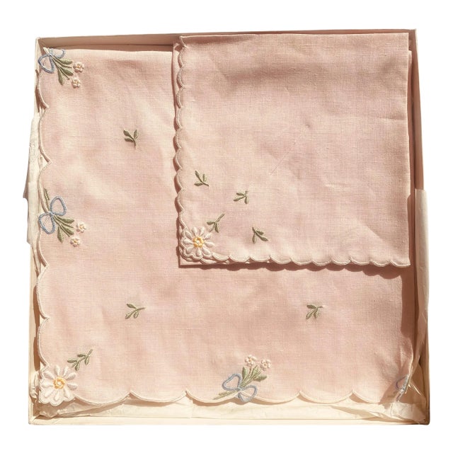 Mid 20th Century Madeira Pink Embroidered Linen Placemats and Napkins in Original Box - 4 pcs For Sale