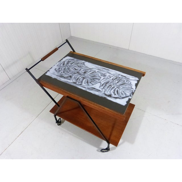 Teak Trolley with Botanical Tile Top, 1960s For Sale - Image 10 of 14