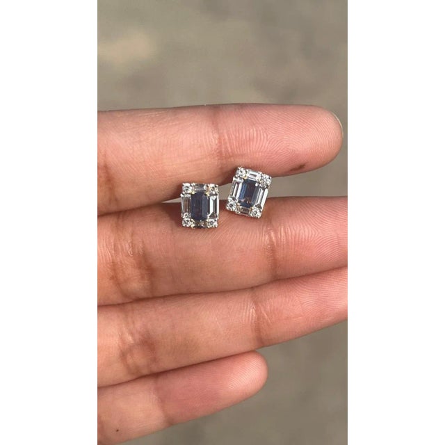 Genuine Baguette Sapphire Diamond Pushback Stud Earrings 18k Solid Gold- A Pair For Sale - Image 4 of 11