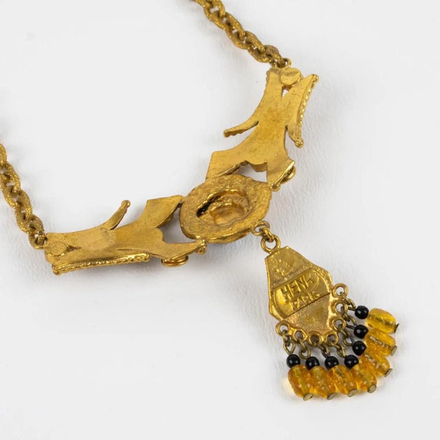Henry Perichon Gilded Bronze Chain Necklace with Jeweled Cabochons For Sale - Image 9 of 11