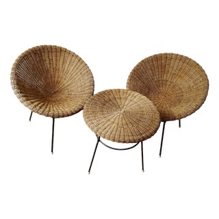 Rattan Armchairs and Coffee Table, Italy, 1950s, Set of 3 For Sale