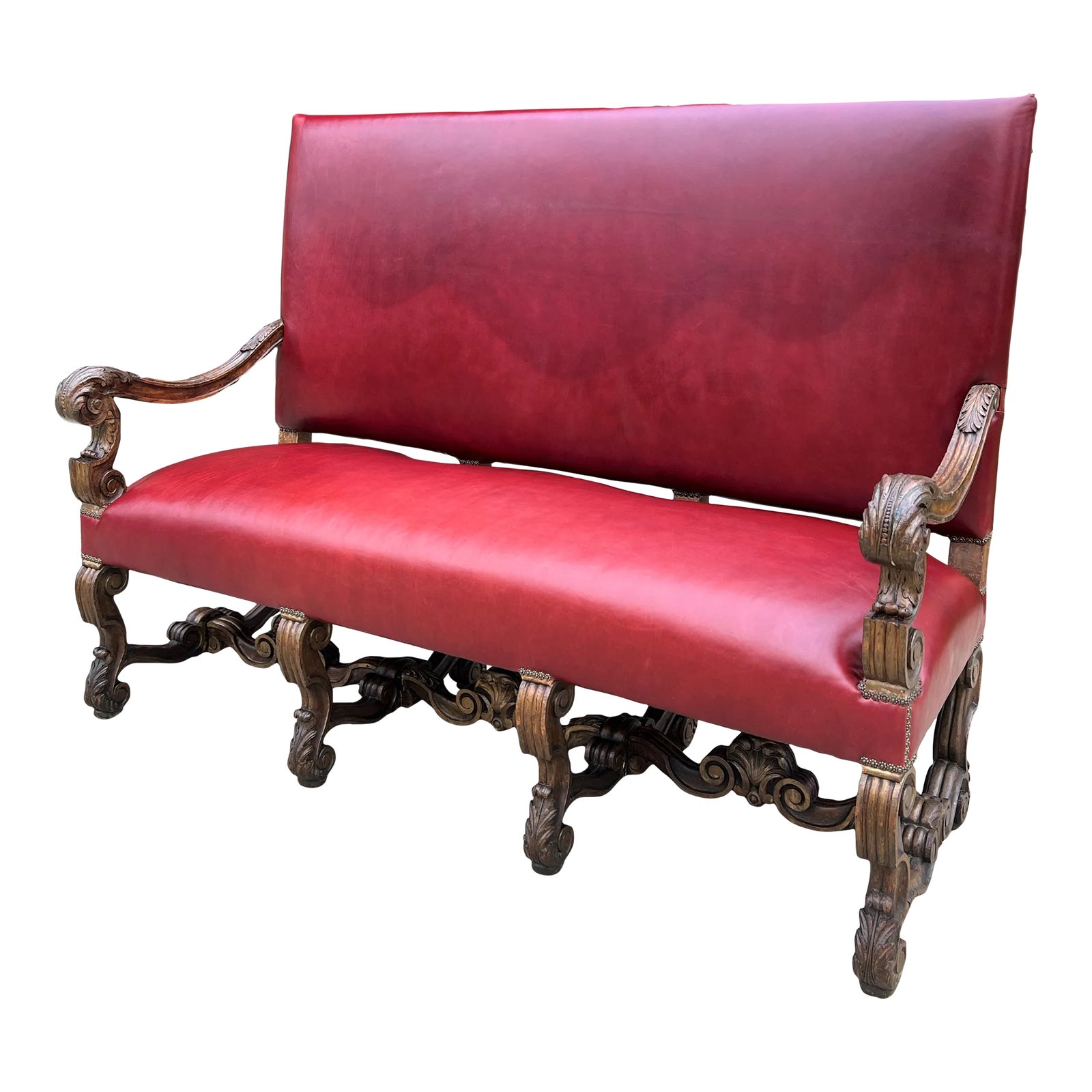 Antique Sofa Bench Settee Loveseat Chair Red Upholstery Oak Western