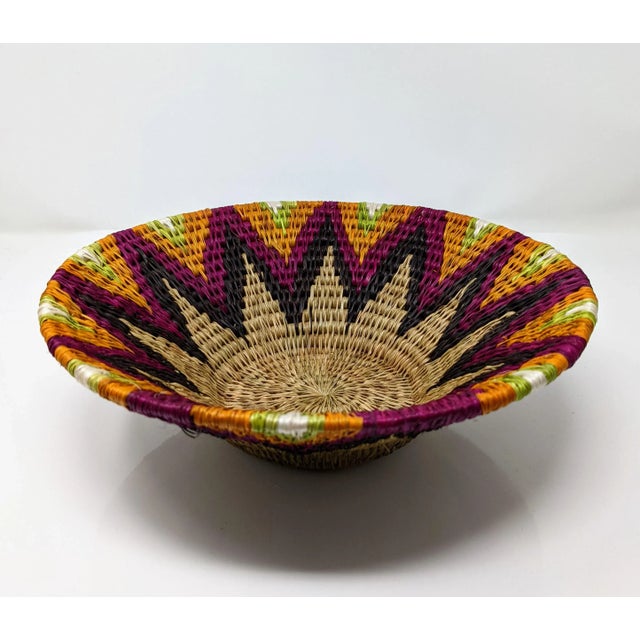 Tan Boho Chic African Handwoven Purple, Black, Orange and Tan Basket Catchall For Sale - Image 8 of 8