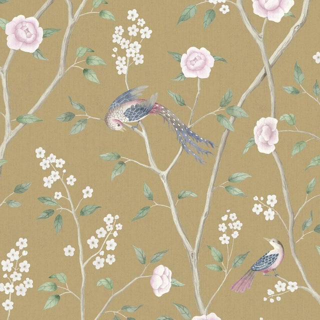 Boråstapeter Paradise Birds Wallpaper In Gold For Sale