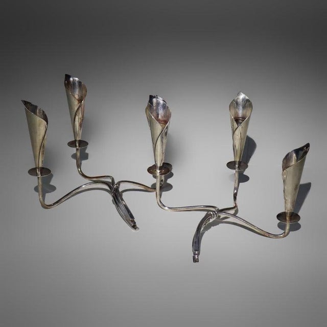 Pair Vintage Danish Modern Silver Plate Lily Form Candelabras, Denmark, C1950 For Sale - Image 4 of 7