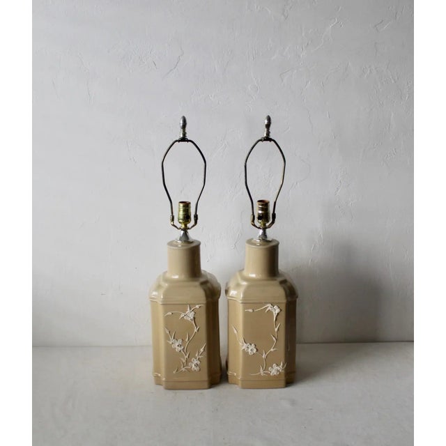 Novelty Crystal Corp Flower Over Beige Chinoiserie Ceramic Table Lamps