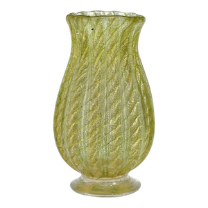 Barovier Toso Murano Vintage Green Swirls Gold Flecks Italian Art Glass Footed Flower Bud Vase