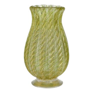 Vintage Murano Barovier Toso Green Swirls Gold Flecks Italian Art Glass Footed Flower Bud Vase For Sale