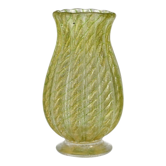Vintage Murano Barovier Toso Green Swirls Gold Flecks Italian Art Glass Footed Flower Bud Vase For Sale