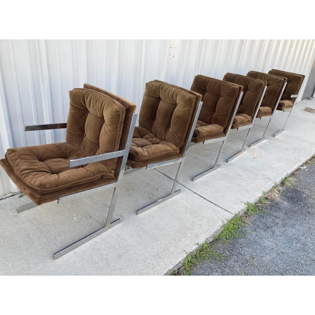 Mid 20th Century Mid-20th Century Milo Baughman Style Flat Bar Chrome Sled-Base Dining Chairs - Set of 6 For Sale - Image 5 of 10