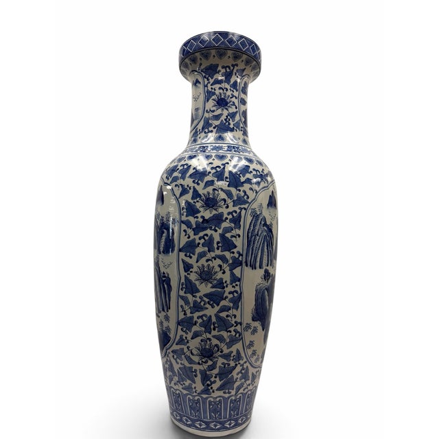 Late 20th Century Monumental 46.5" Chinese Blue & White Porcelain Landscape Floor Vase For Sale - Image 5 of 7