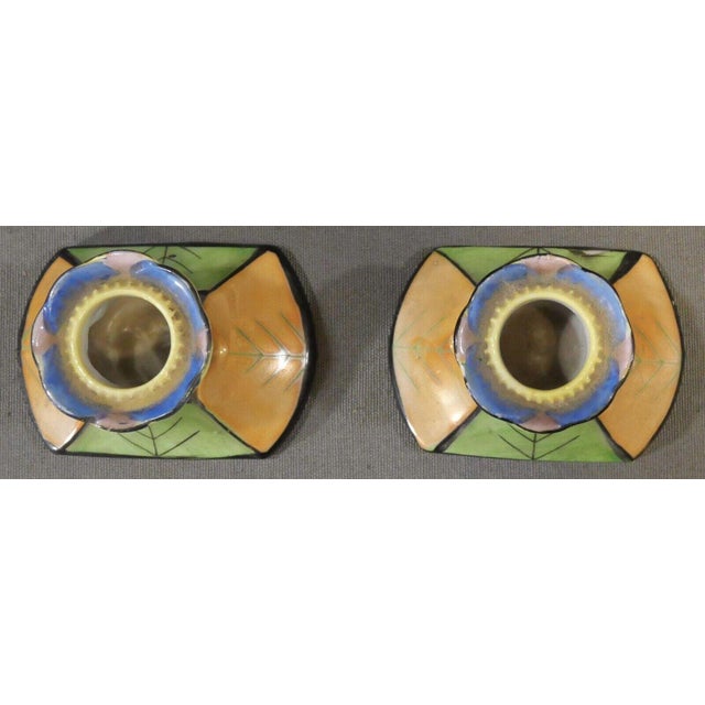 1930s 1930’s Japanese Art Deco Lustreware Porcelain Hand-Painted Leaf Motifs Candlesticks (Showa Period) - A Pair For Sale - Image 5 of 7