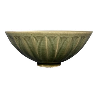 Antique Chinese Longquan Celadon Carved Lotus Bowl For Sale