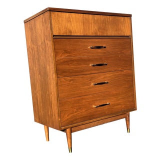 Mid Century Modern Vintage Tall Highboy Dresser With Brass Hardware For Sale