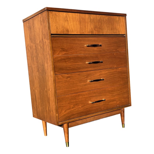 Mid Century Modern Vintage Tall Highboy Dresser With Brass Hardware For Sale