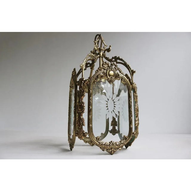 Metal French Louis XVI Style Brass and Etched Glass Lantern, 1950s For Sale - Image 7 of 12