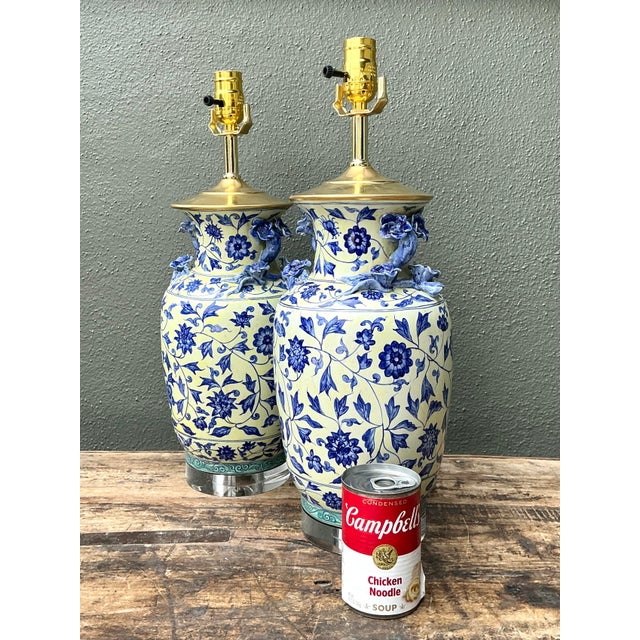 Blue Vintage Asian Blue and White Floral Lamps - A Pair For Sale - Image 8 of 12