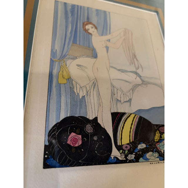 Blue Umberto Brunelleschi Art Deco Nude “Nude Amid Pillows” c.1920s – Framed French Book Illustration For Sale - Image 8 of 11