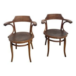 Bent Beechwood Desk Chairs with Pyrographed Seats from Thonet, 1930s, Set of 2 For Sale