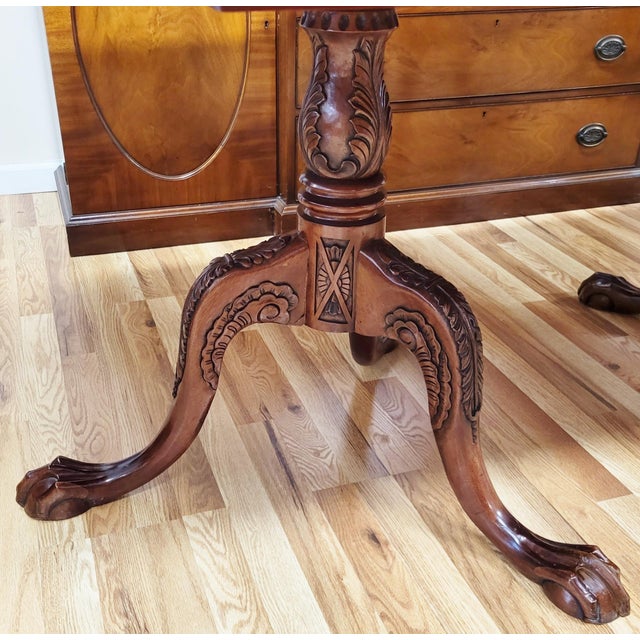 Brown Vintage English Style Carved Mahogany Three Pedestal Dining Table For Sale - Image 8 of 10
