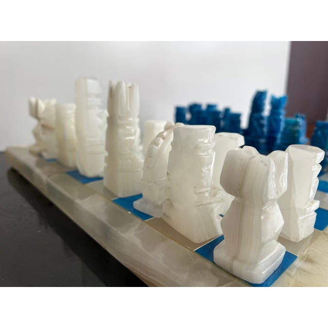 Stone Vintage Blue and White Hand Carved Onyx Aztec Design Chess Set For Sale - Image 7 of 12