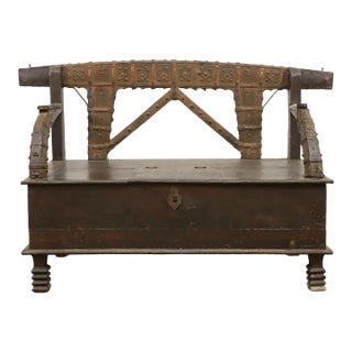 19th Century Indian Wood and Strap Metal Storage Bench For Sale