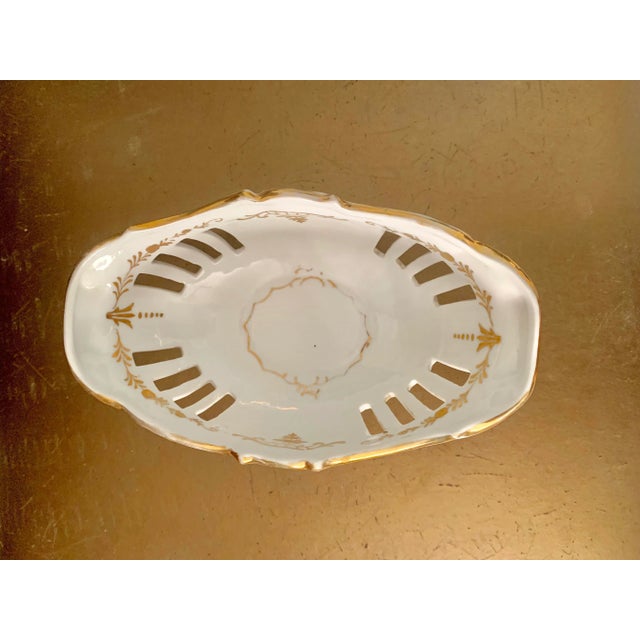 Early 1900’s European Cutout Oval Footed Porcelain Candy Dish With Gilt Floral Overlay For Sale - Image 4 of 6