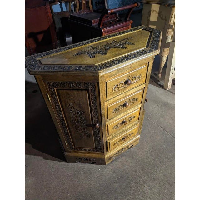 Mid 20th Century Hand-Carved Peacock Corner Cabinet – Boho Indian Style Storage Hutch For Sale - Image 4 of 11