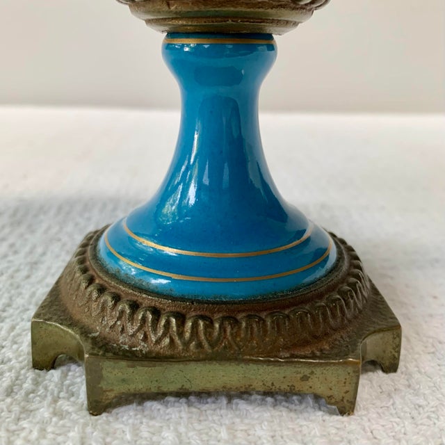 Metal Antique French Sèvres-Style Turquoise Porcelain Compote With Gilt Bronze Mounts For Sale - Image 7 of 13
