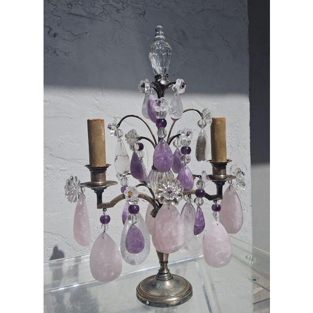 19th Century Opulent French Louis XV Huge Natural Rose Quartz, Amethyst and Clear Quartz Rock Crystal Girandole, Table Lamp For Sale - Image 18 of 18