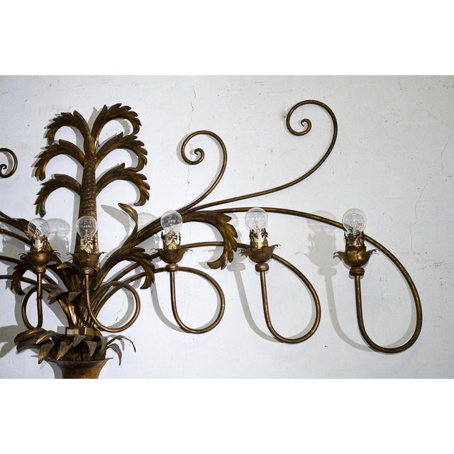1960s Wrought Iron Wall Sconce with Gilded Leaf and Palm Tree Decorations For Sale - Image 5 of 10