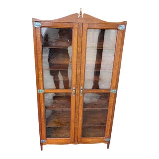Antique Oak Glass Display Cabinet – Industrial Country Store Vitrine, Bookcase For Sale