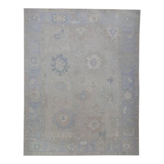 Beige & Blue Handwoven Turkish Oushak Rug 12'3" X 15'11" For Sale