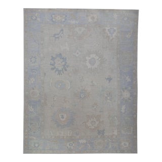 Beige & Blue Handwoven Turkish Oushak Rug 12'3" X 15'11" For Sale