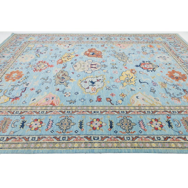 Textile 10x14 Modern Oushak Style Hand-Knotted Wool Area Rug in Sky Blue With Terracotta For Sale - Image 7 of 12