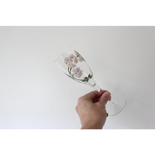 Two Vintage Perrier Jouet Painted Champagne Glasses, Pair of Flutes, French Glassware For Sale - Image 6 of 8