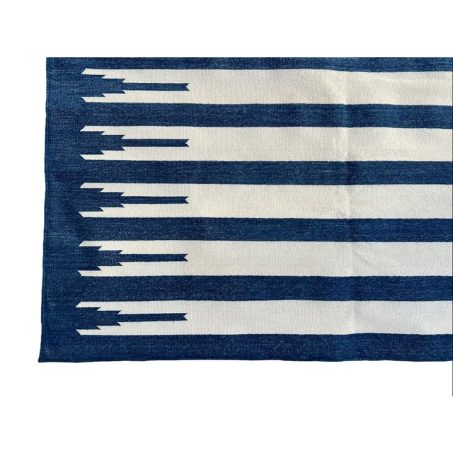 Handwoven Cotton Area Flat Weave Rug Vegetable Dyed Indigo Blue and White Striped Dhurrie - 9'x12' For Sale - Image 10 of 10