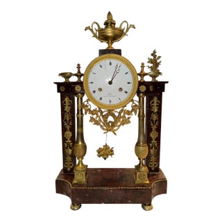 Early 19th Century French Bronze & Red Marble Portico Mantel Clock by Lucin a Paris For Sale