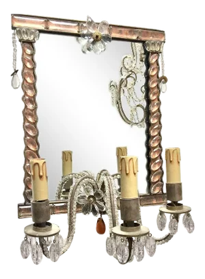 C1920 Antique French Art Deco Crystal Maison Bagues Decorated Wall Mirror/ Sconce W/ 3 Lights
