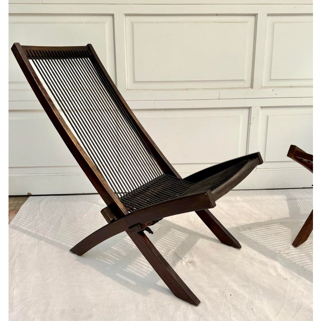 1980s Pair of Vintage Scandi-Style Folding Wood & Cord Lounge Chairs For Sale - Image 5 of 10