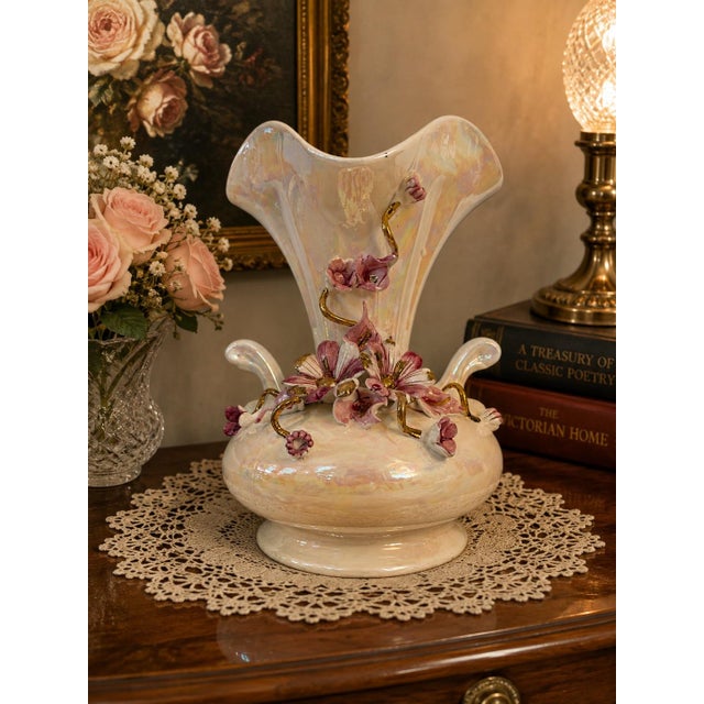 Exceptional vintage Capodimonte porcelain vase featuring a dramatic sculptural fan-form silhouette, luminous iridescent...