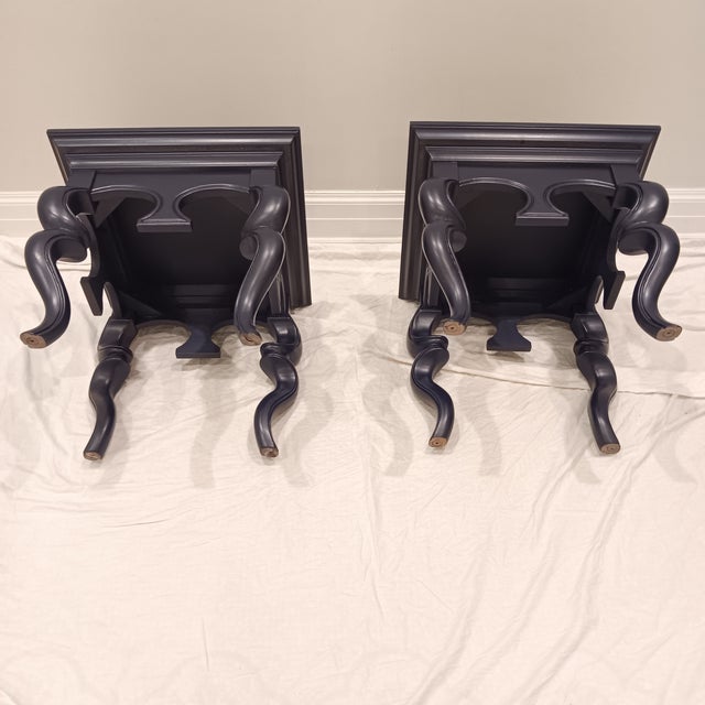 Mid Century Modern/Hollywood Regency/French Provincial Solid Wood Navy Blue End Table - A Pair For Sale - Image 9 of 18