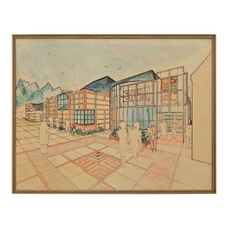 Late 20th Century French Modern Framed Architectural Rendering For Sale