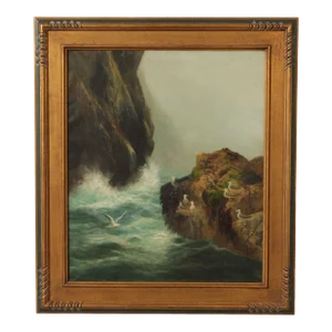 Antique 19th C. Scottish Rocky Shoreline Seascape Painting by Peter Graham