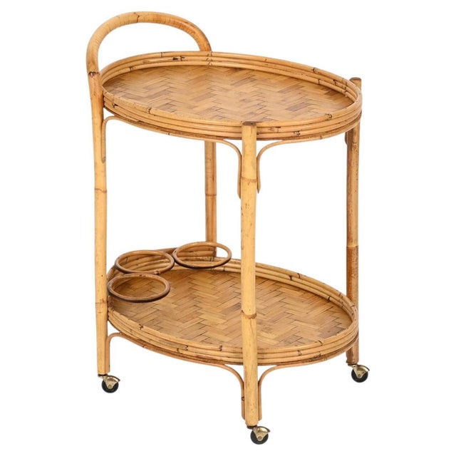 Mid-Century Italian Oval Serving Bar Cart Trolley in Bamboo and Rattan, 1960s For Sale - Image 13 of 13