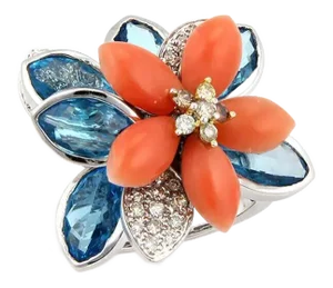 Diamond Coral & Topaz Movable Floral 18k White Gold Ring, Size 6