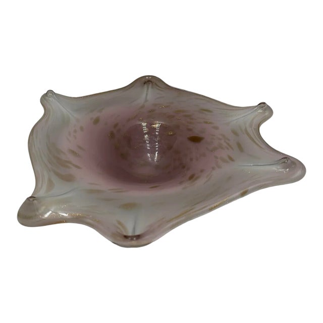 Pink With Gold Shimmer Murano Hand Blown Console Bowl, Italy For Sale