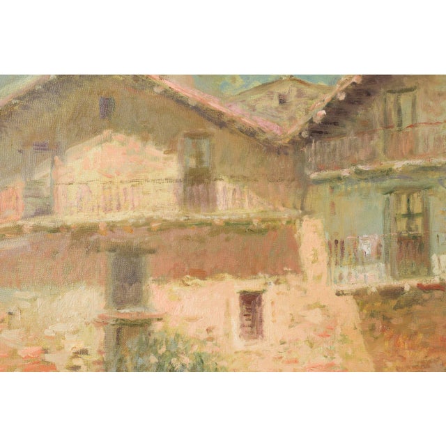 Textile Palau Junca, Impressionist Painting with River and Chalets, Oil on Canvas, Framed For Sale - Image 7 of 15
