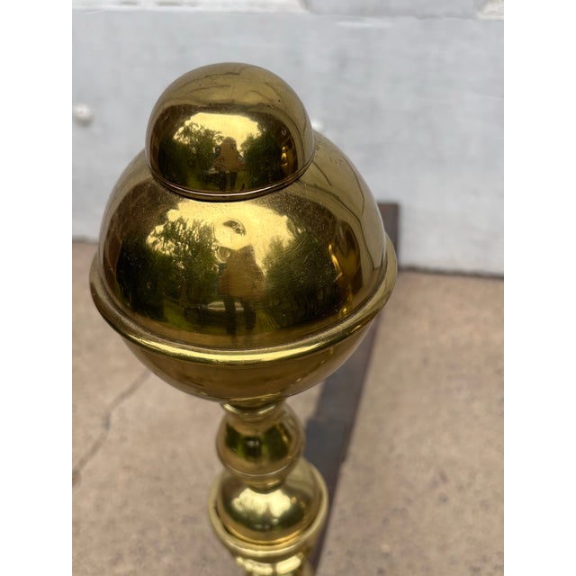 English Pair of Mid Century Brass Andirons For Sale - Image 3 of 8