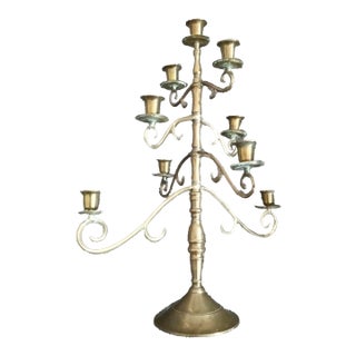 1920s Art Noveau Solid Brass Multi Tiered Candelabra W/ 9 Holders For Sale